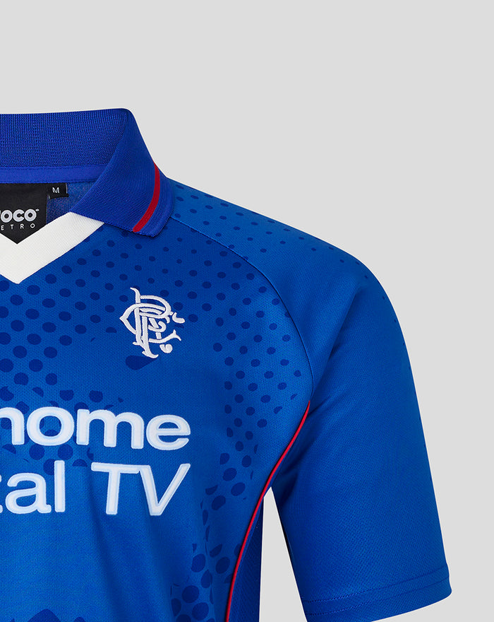 Close up of collar and crest on blue retro 2002-03 home shirt with white trim
