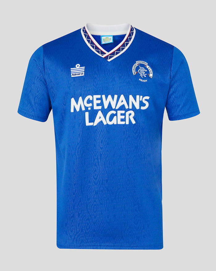 Front view of a blue Rangers 1991-92 home shirt with white McEwan's Lager sponsor across the chest