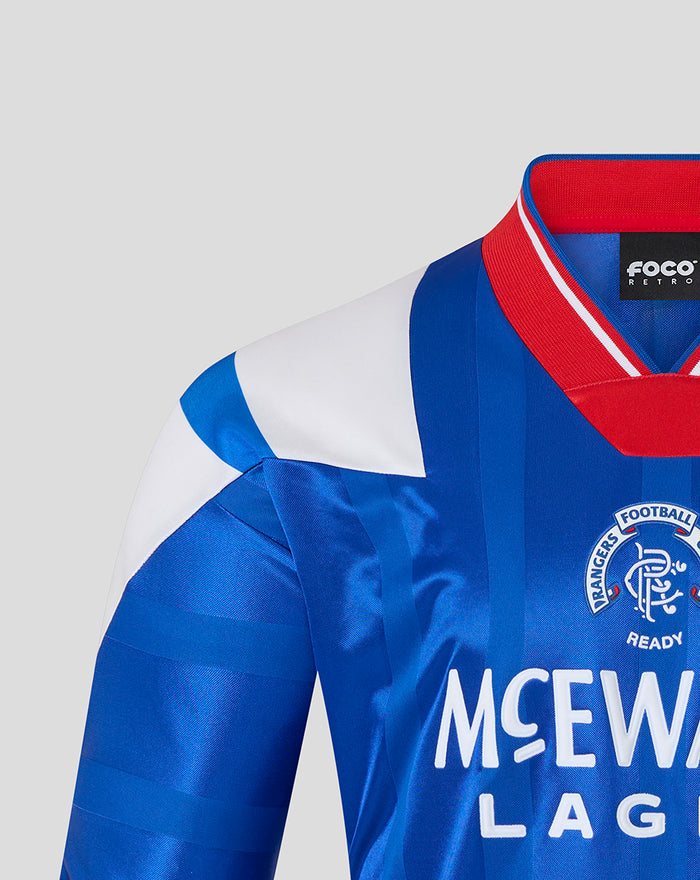 Close up of blue retro 1992-94 home shirt showing red collar and white shoulder panel