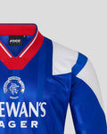 Front view of blue retro Rangers shirt with crest and sponsor, FOCO label at the collar