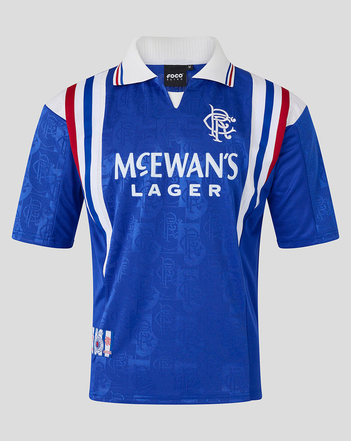 Front view of a royal blue unisex retro 1996-97 home shirt with McEwan's Lager sponsor and white collar