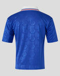Back view of a blue retro 1996-97 home shirt with white collar and red white blue striped trim.