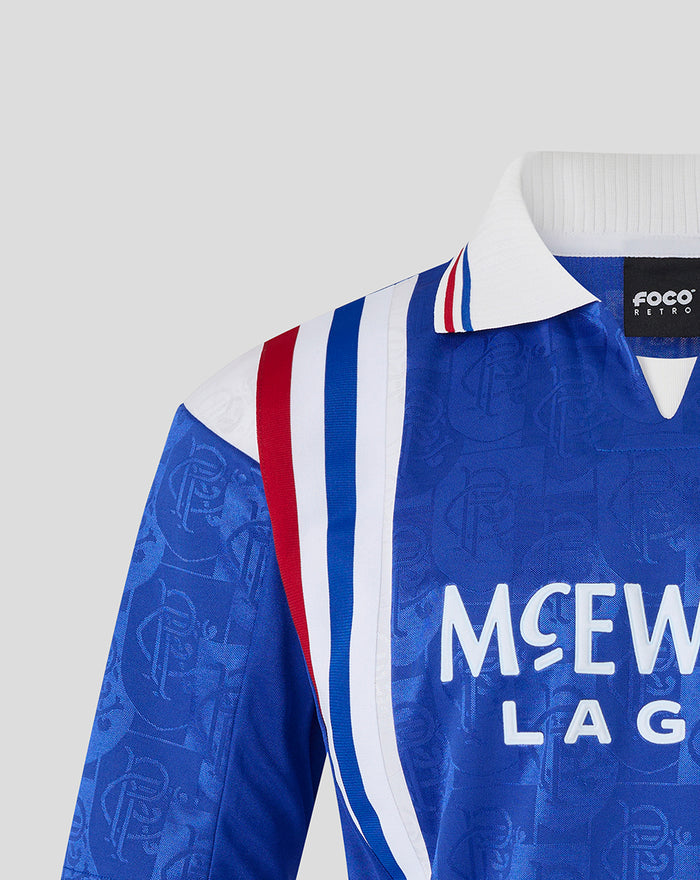 Close-up of the blue retro 1996-97 home shirt shoulder with red white and blue stripes and white collar