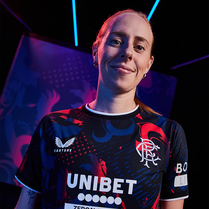 Womens Rangers Third shirt in black multicolor print with crest left chest and Castore branding on right chest.