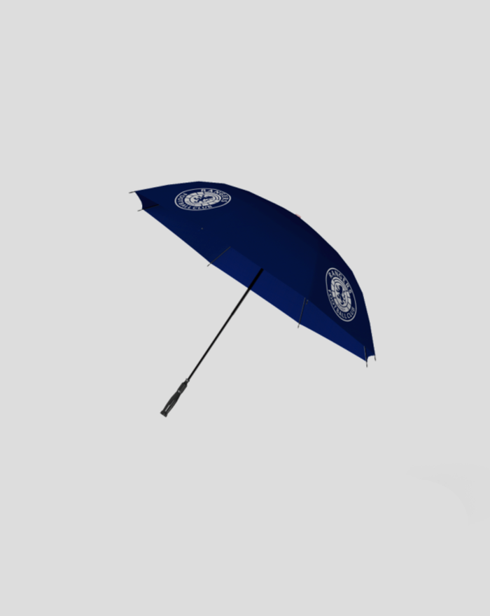 Navy golf umbrella with a white crest on the canopy