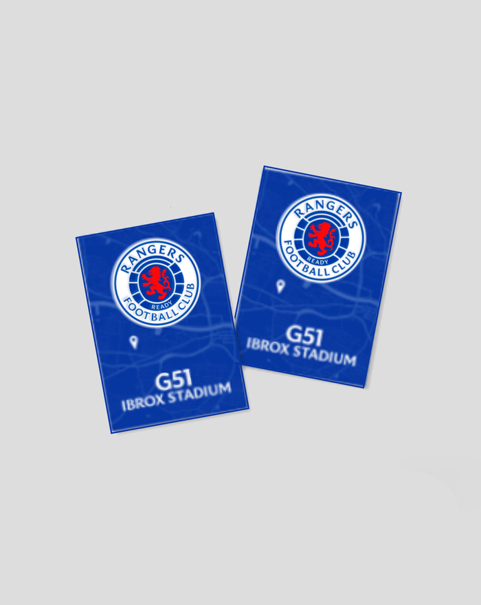 Two blue tea towels with the Rangers crest and Ibrox Stadium text.