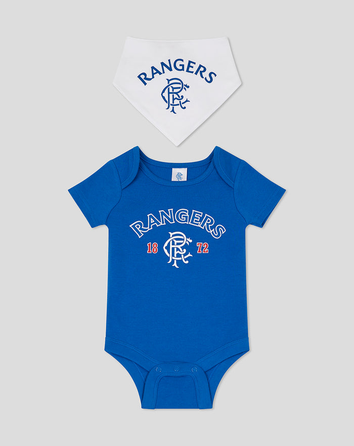 Blue baby bodysuit with Rangers crest and 18 72 numbers paired with a white Rangers logo bib