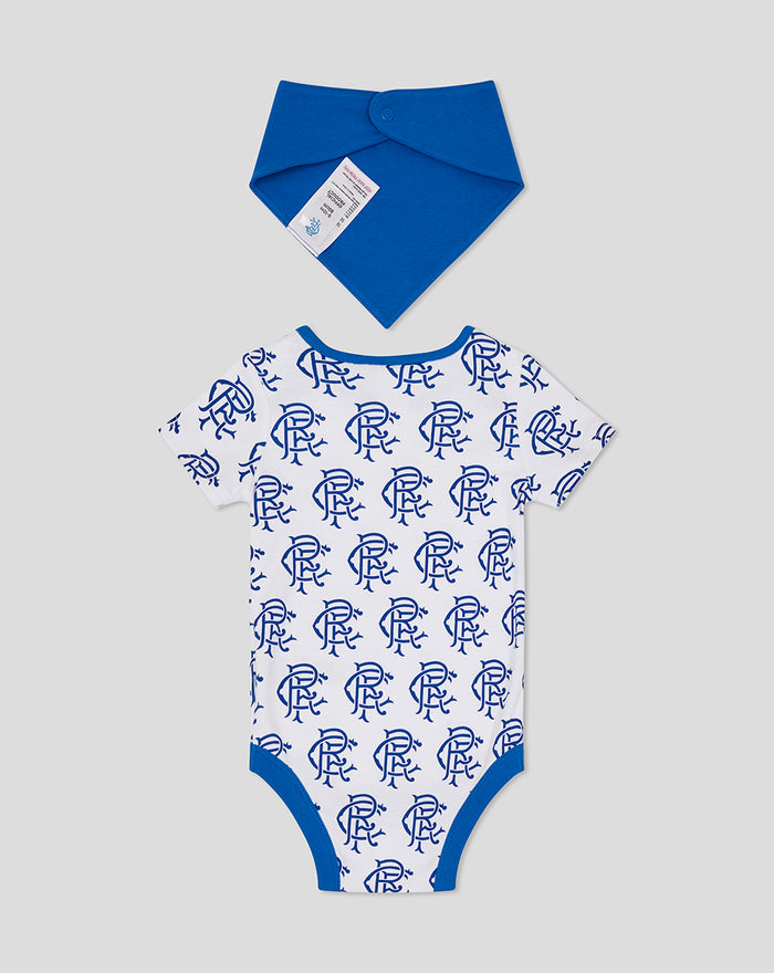 Blue infant bib above a white baby bodysuit with blue Rangers crest pattern