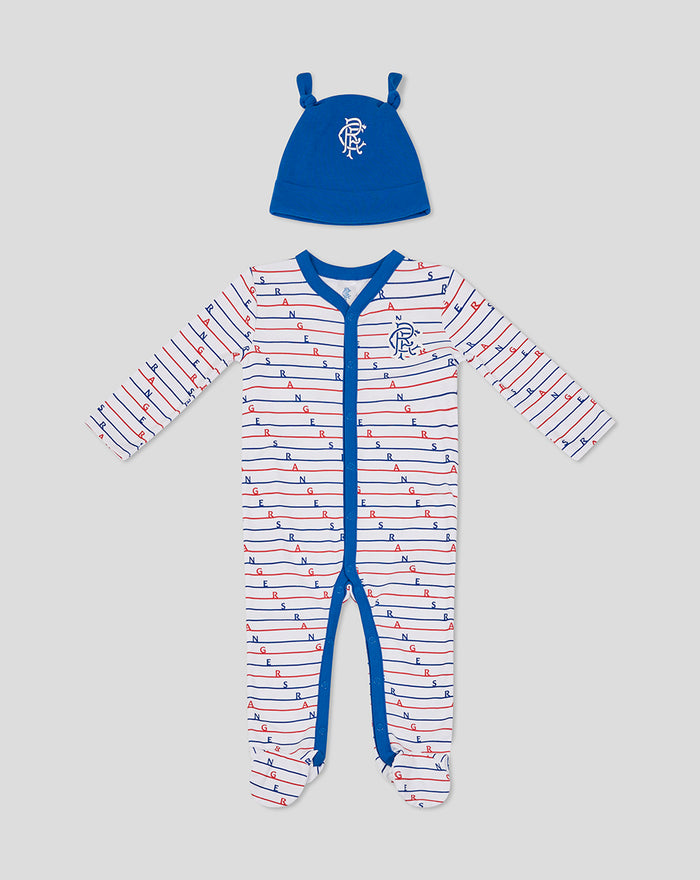 Blue knit hat and white striped baby romper with blue and red lines and Rangers crest