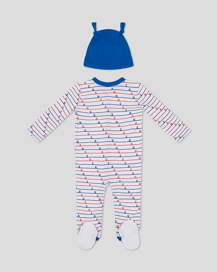 Blue knit hat with a white striped baby romper featuring blue and red lines and dotted sole booties
