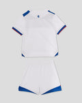 Back view of Baby Rangers FC 25/26 Away kit showing white top with blue shoulder panels and red and blue trim with matching shorts
