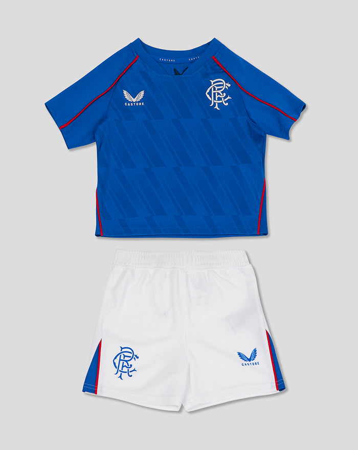 Front view of Rangers baby home kit with blue patterned shirt white shorts and a black sock