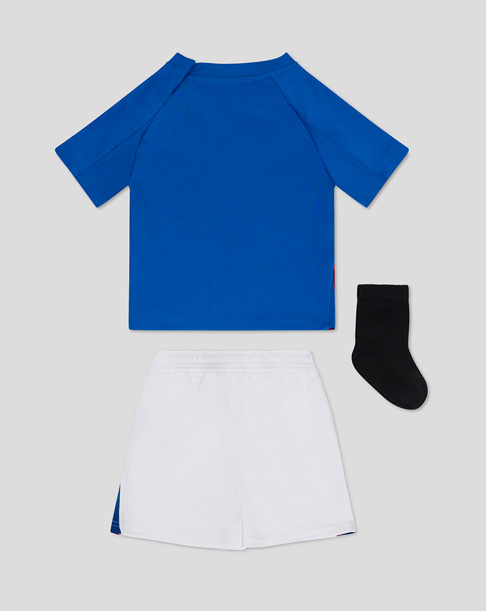 Back view of Rangers baby home kit showing blue shirt and white shorts with a black sock