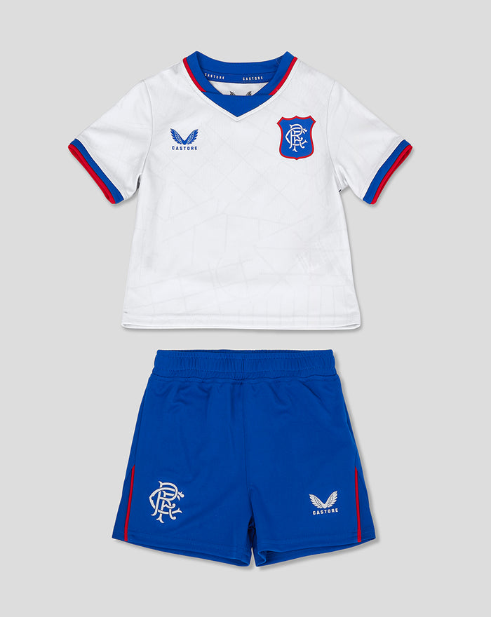 Baby Rangers Away Nested kit flat lay showing white jersey blue shorts and white socks with crest and Castore logos.