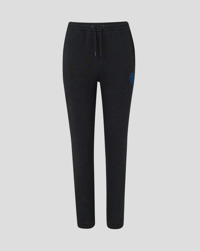 Black women's core jogger pants with a blue Rangers crest on the left thigh and a drawstring waist