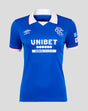 Women s Rangers FC 25/26 Home Shirt front view in blue with white collar red trim, crest left chest and UNIBET sponsor.