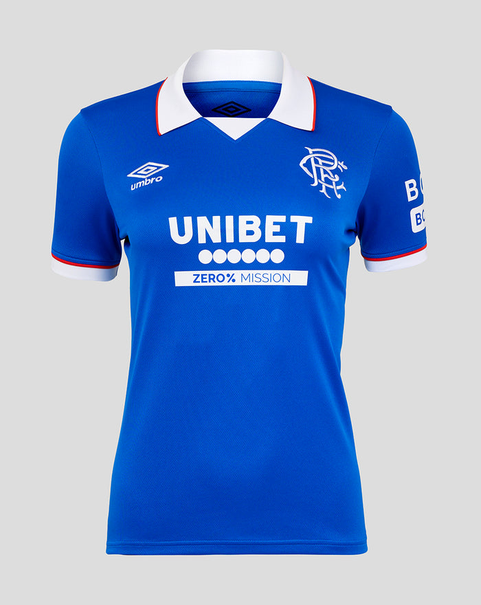 Women s Rangers FC 25/26 Home Shirt front view in blue with white collar red trim, crest left chest and UNIBET sponsor.