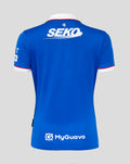 Back view of blue Rangers 25/26 women’s home shirt with SEKO sponsor across the upper back and MyGuava at the lower back