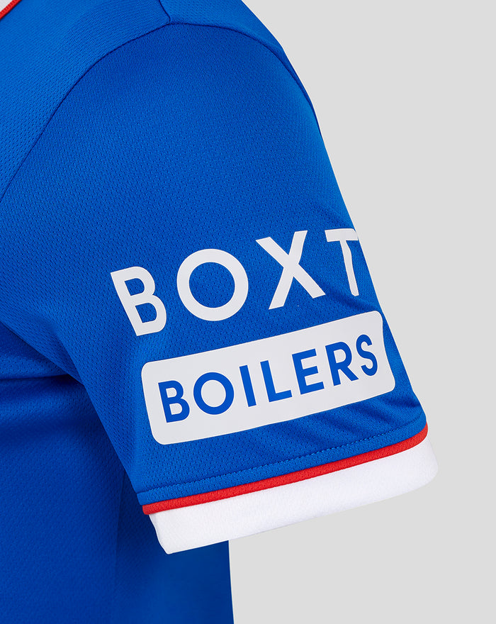 Detail of sleeve with BOX BOILERS sponsor patch on blue Rangers jersey.