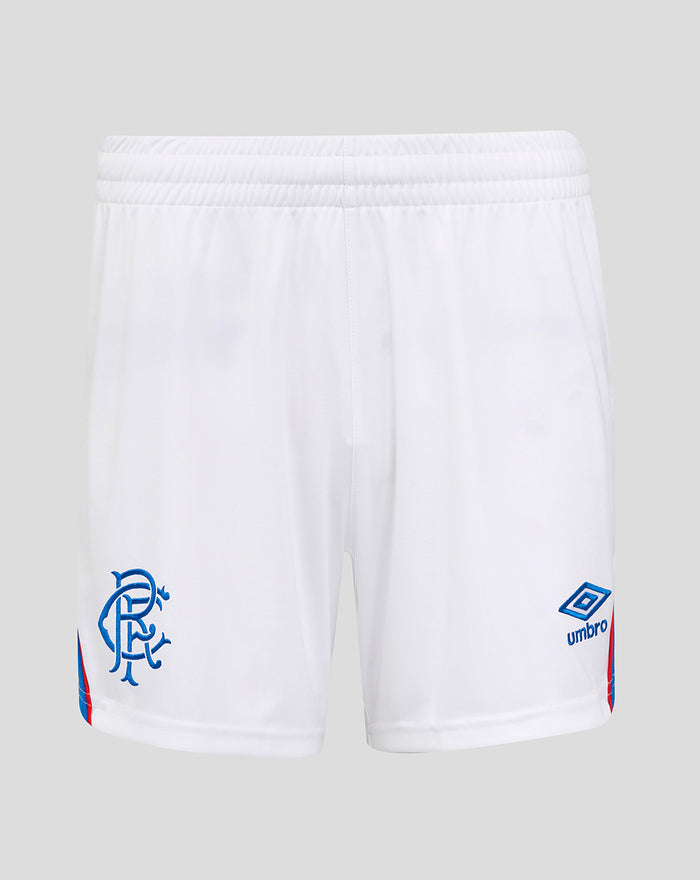 Back view of women's white Rangers home shorts with blue curved hem, crest on left leg and Umbro logo on right leg
