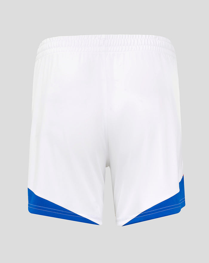 Back view of white Rangers FC women's home shorts with blue angled hem panels