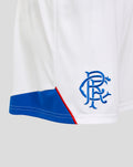 Rangers FC women's home shorts close up showing blue diagonal hem panel and club crest on white fabric