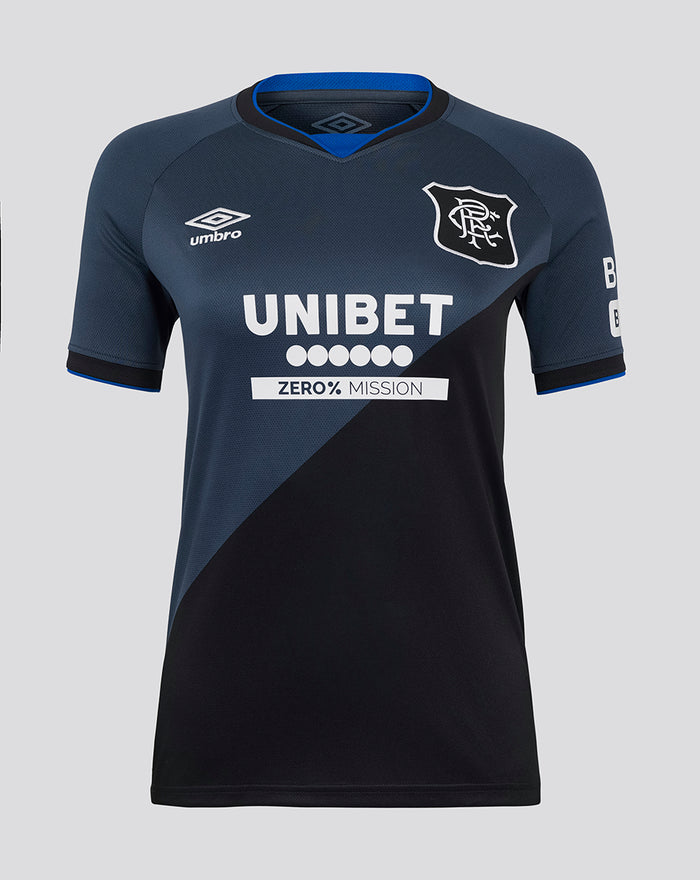 Rangers FC Third 2025–26 replica shirt in navy with diagonal color block, UNIBET sponsor across the chest and the club crest with Umbro logo.