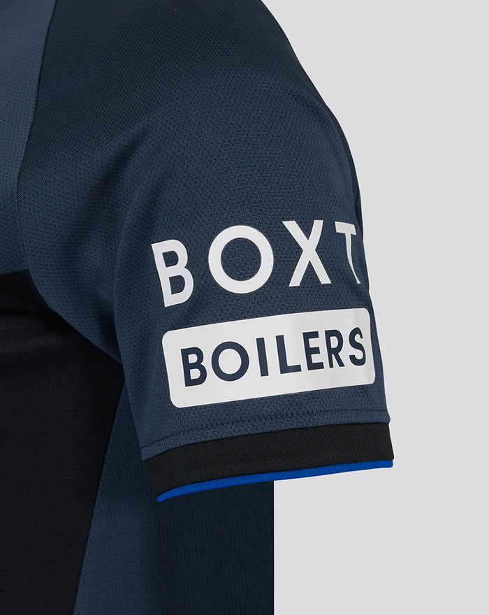 Close up of navy Rangers third shirt sleeve displaying BOXT and BOILERS sponsor graphics.