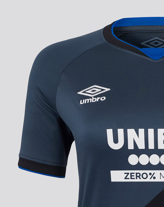 Detail of the navy Rangers jersey sleeve with ribbed cuff and blue trim.