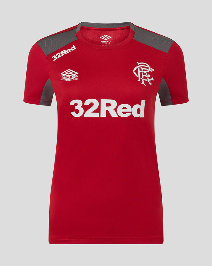 Front view of red women's training short sleeve top with grey shoulder panels and white sponsor logos