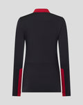 Back view of women's black coaches training quarter zip top with red collar and red side panels.