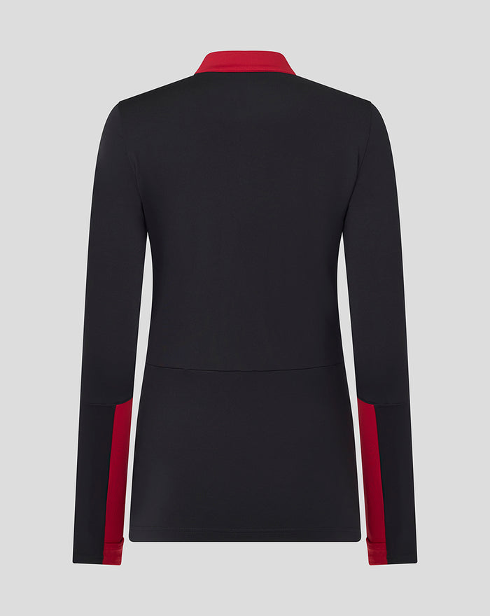 Back view of women's black coaches training quarter zip top with red collar and red side panels.