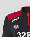 Close up of red shoulder panel and zipper with 32Red branding and training logos on a black top.