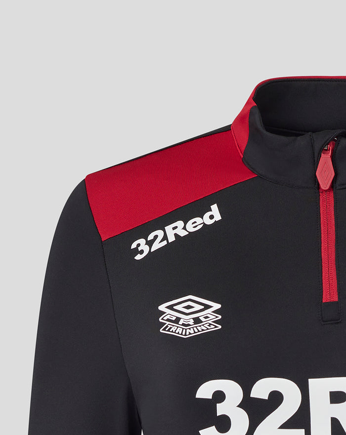 Close up of red shoulder panel and zipper with 32Red branding and training logos on a black top.