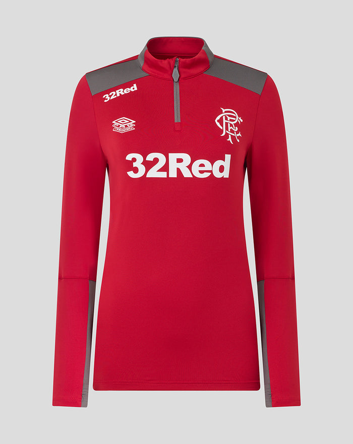 Front view of red women's training top with gray shoulder panels quarter zip, 32Red across chest and crest on left chest.