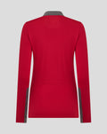 Back view of red womens training top with grey shoulder panels and long sleeves