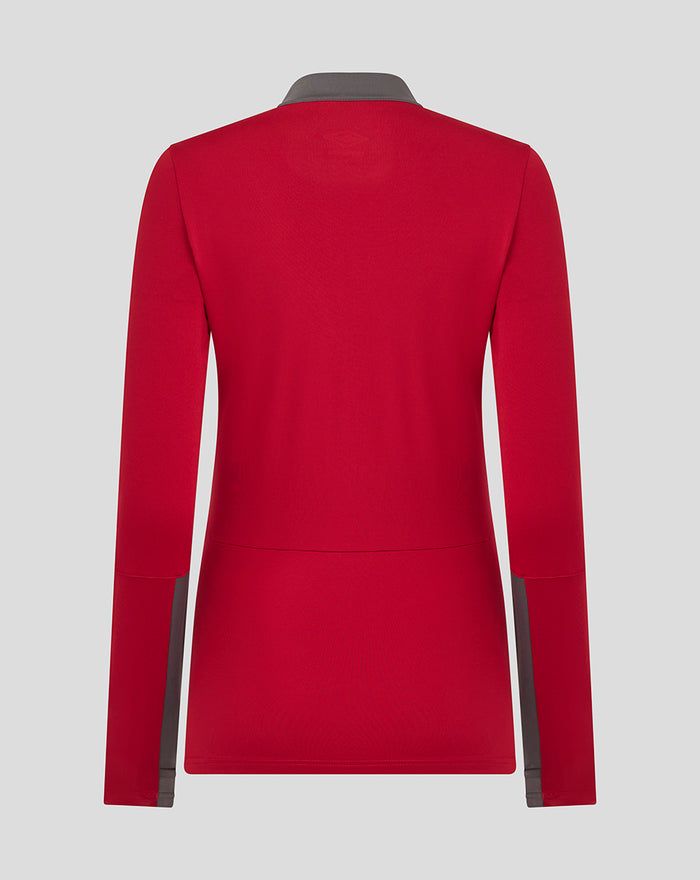 Back view of red womens training top with grey shoulder panels and long sleeves