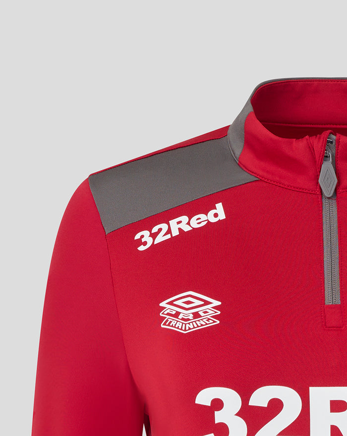 Front view of red training top featuring 32Red text and Pro Training logo with grey shoulder accents