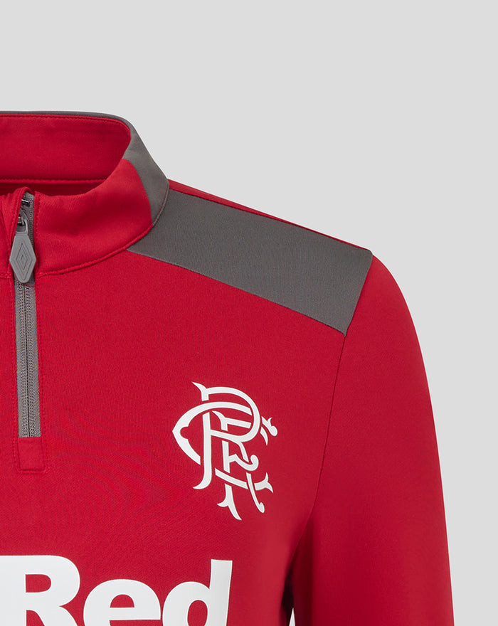 Red training quarter zip with grey shoulder panel and white crest on chest