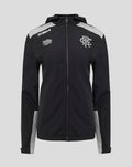 Front view of black training hooded shower jacket with gray panels and club crest on chest