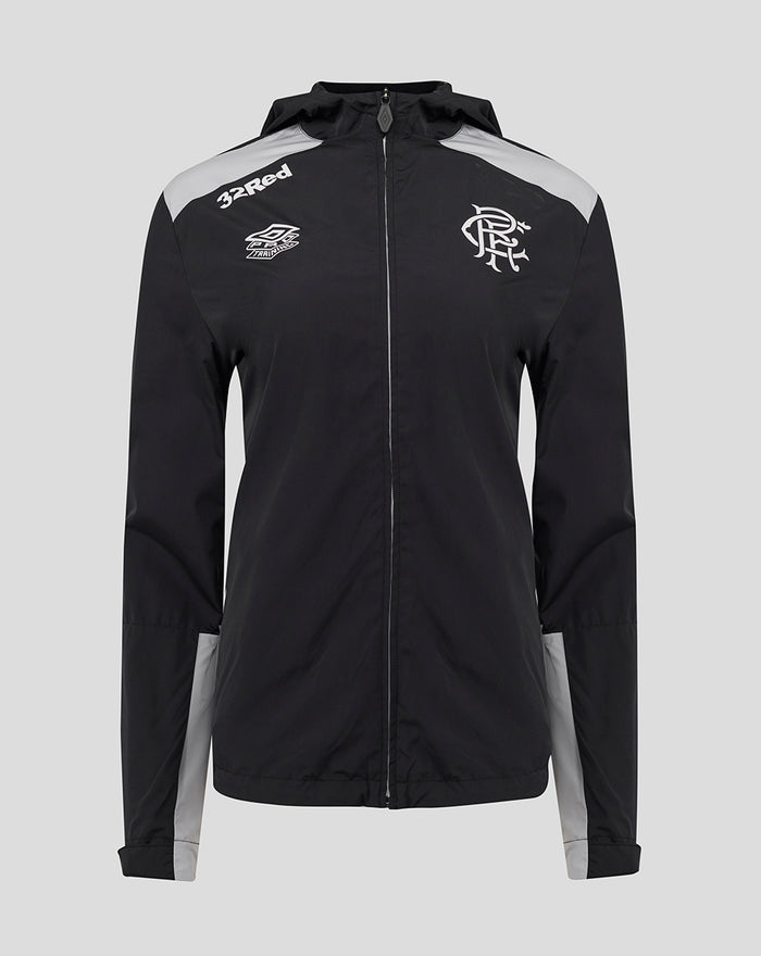Front view of black training hooded shower jacket with gray panels and club crest on chest