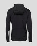 Back view of a black hooded training jacket showing the hood and light gray sleeve panels.