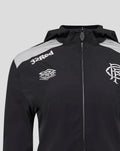 Close up of a black coaches training hooded jacket with light gray shoulder panels and white chest logos.