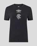 Front view of black women's presentation logo T shirt with Umbro emblem and club crest on chest