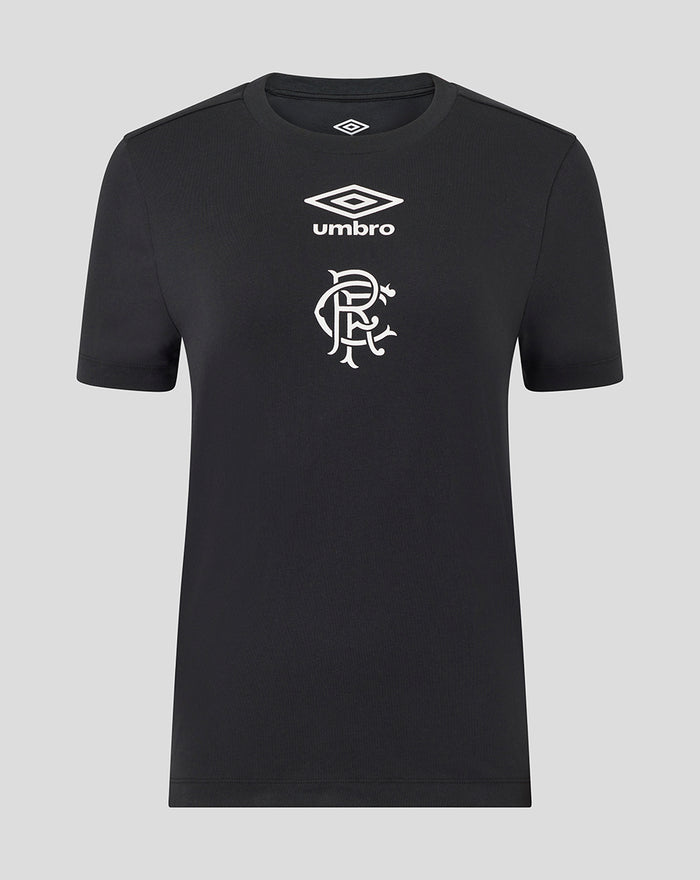 Front view of black women's presentation logo T shirt with Umbro emblem and club crest on chest