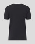 Back view of a black women's presentation logo T shirt.