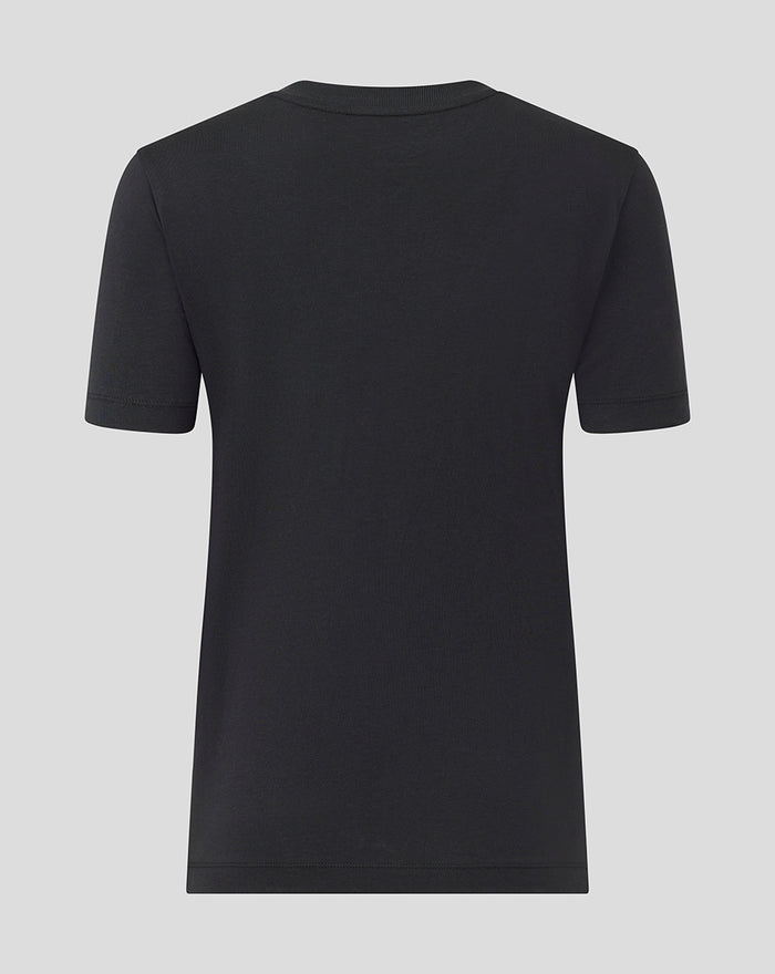 Back view of a black women's presentation logo T shirt.