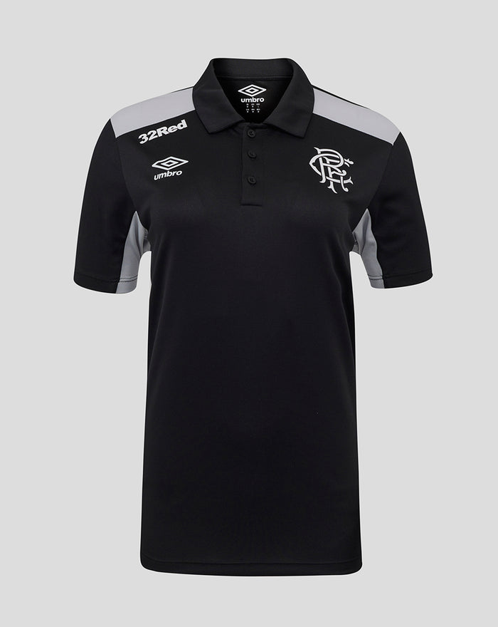 Womens 25/26 presentation poly polo in black with grey shoulder panels and club crest