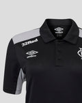 Close up of black poly polo collar with 32Red and Umbro logos on chest and club crest