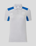 Front view of women's light gray poly polo with blue shoulder panels and Umbro crest on the chest.